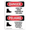 Signmission OSHA Sign, Steel Toe Shoes Required Area Bilingual, 14in X 10in Alum, 10" W, 14" H, Spanish OS-DS-A-1014-VS-1580